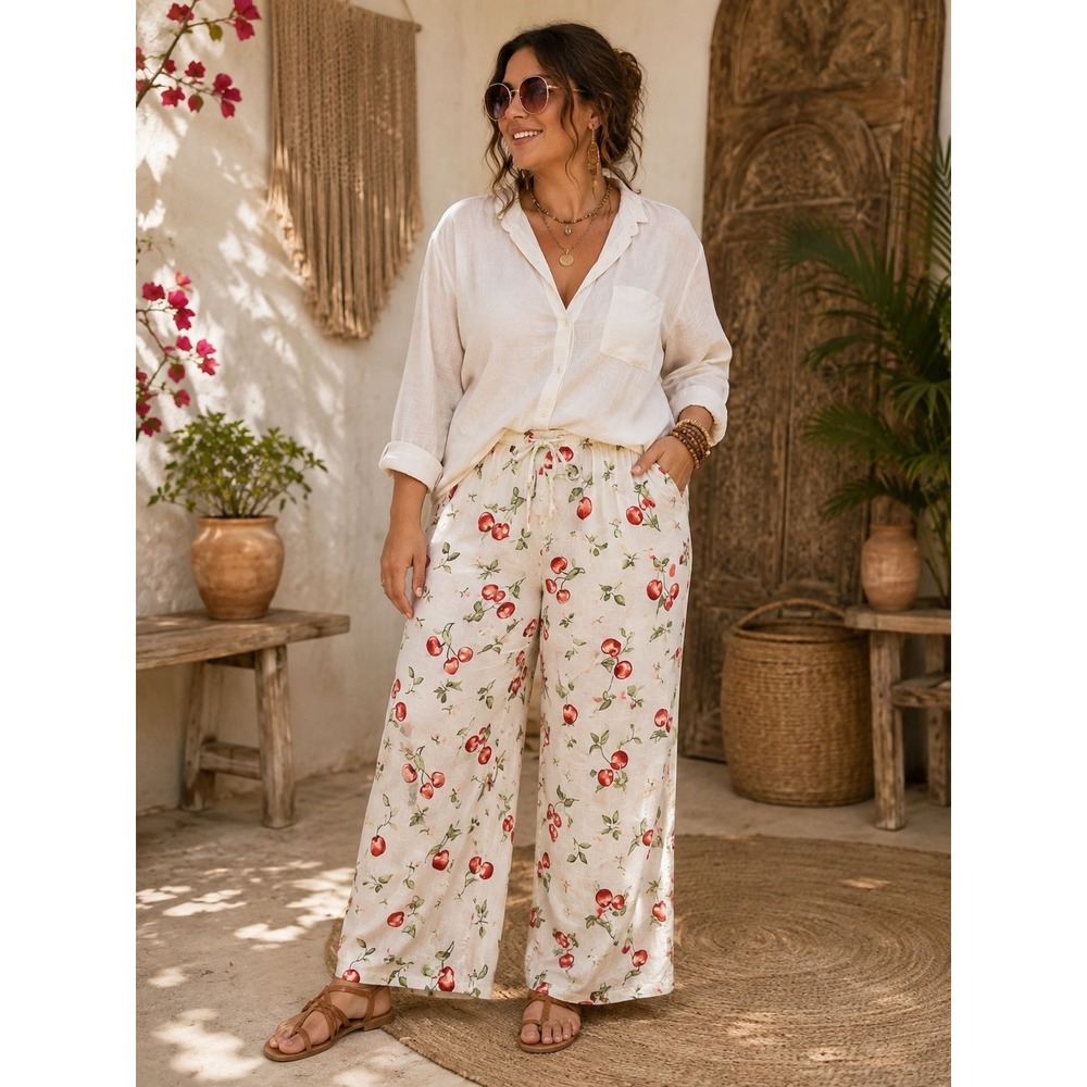 Boho Resortwear Cherry Linen Blend Wide Leg Cream Red Drawstring Fruit XL Pants